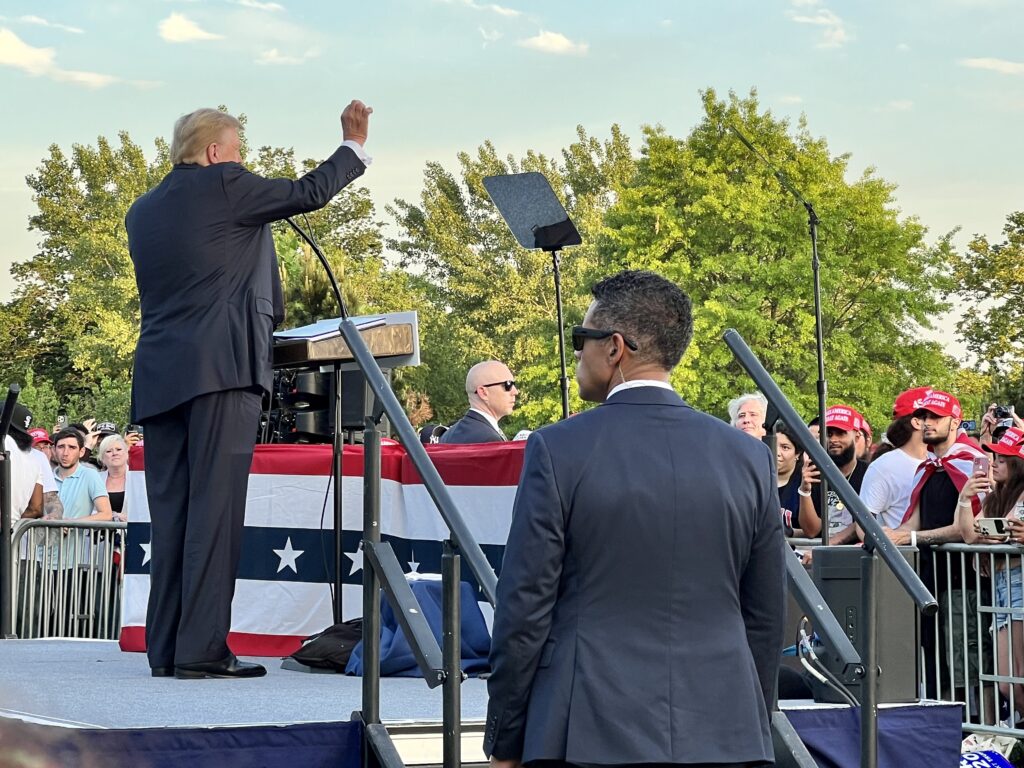 Donald J. Trump at the Bronx Rally with his fist in the air.