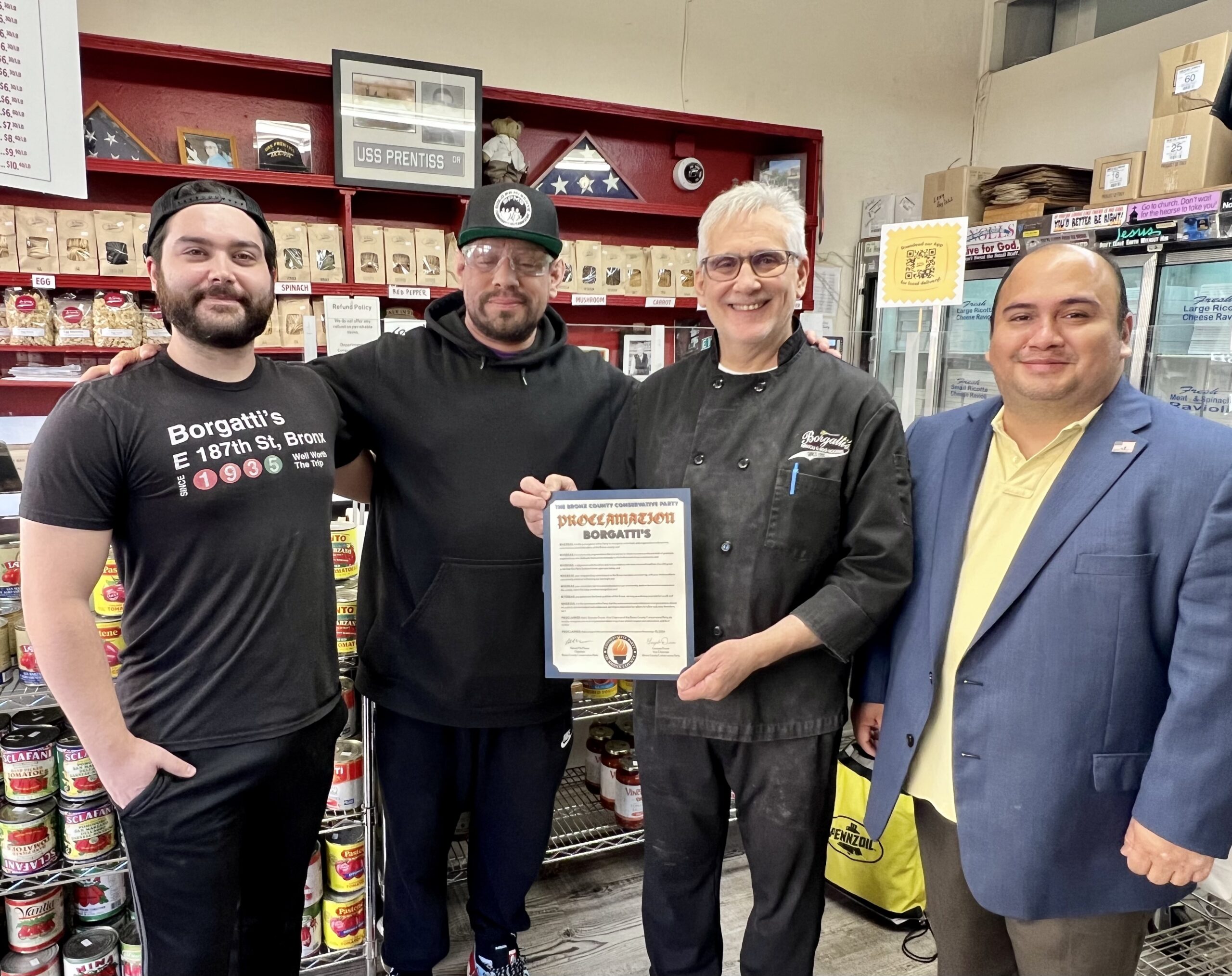 Vice Chairman of the Bronx Conservative Party, Gonzalo Duran giving Borgatti's a Proclamation